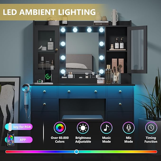 Makeup Vanity Desk with Mirror and Lights, Black Vanity Table Set with Storage Drawers, Charging Station, Cabinets & Chair, Large Dressing Table with RGB Ambient Light for Women Girls Bedroom Bathroom
