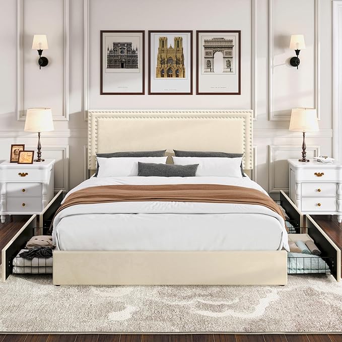 VECELO Full Size Upholstered Platform Bed Frame with 4 Storage Drawers, Adjustable Velvet Headboard Nailhead, Wooden Slats Support, No Box Spring Needed, Easy Assembly