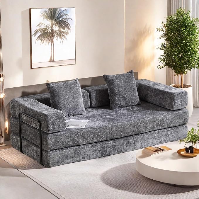 Convertible Sofa Bed, Compression Futon Sofa with Pillows & Armrest, Foldable Mattress Couch with Fixed-Shape Frame, Comfy Couch Lounge Sleeper Bed for Living Room Bedroom, Dark Gray