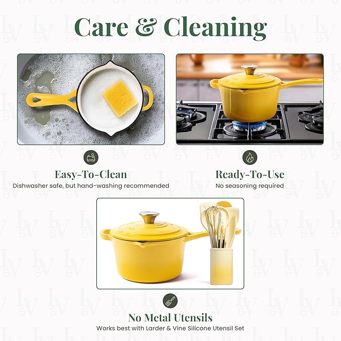 Larder & Vine Enameled Cast Iron Saucepan | 2.2 qt Sauce Pan with Lid | Saucepan with Pour Spouts | Enameled Cast Iron Pot Compatible on All Cooktops & Oven Safe to 500° F | Limoncello