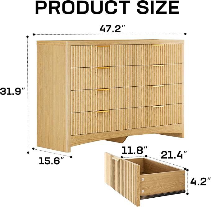 Marsail 8 Drawer Wooden Dresser with Smooth-Glide Drawers, Modern Storage Solution for Bedrooms, Living Rooms, and Hallways, Featuring Large Capacity and an Elegant Natural Wood Finish, Natural Oak