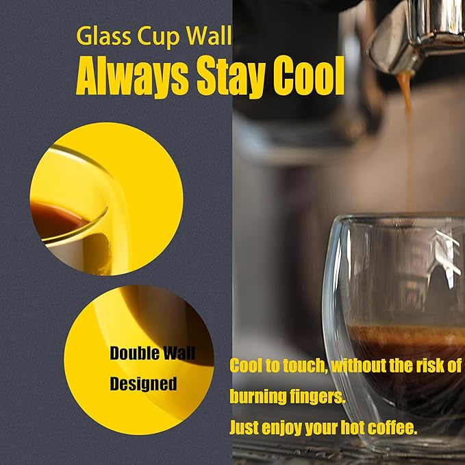 PunPun Glass Cups 2.7oz. 80ml Espresso Coffee Cups, Demitasse Cups Double Walled Clear Insulated,Shot Glass Set of 4