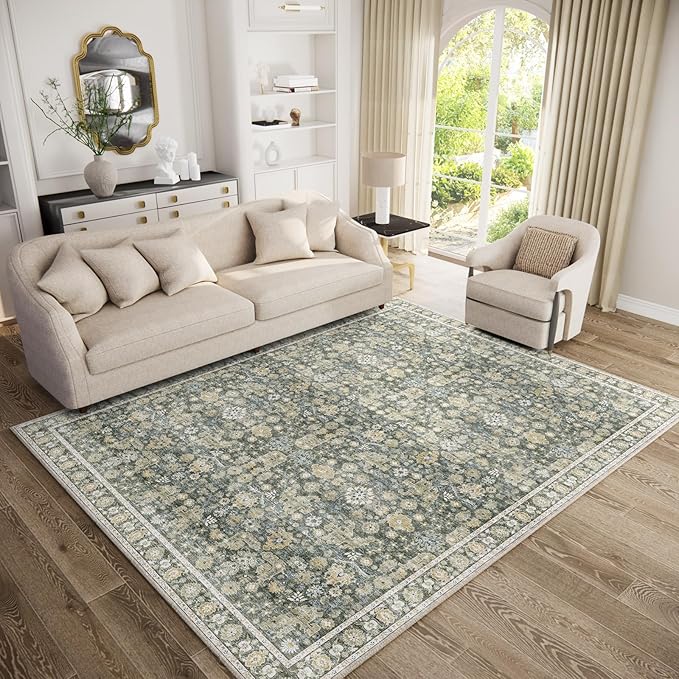 8x10 Washable Area Rugs Ultral Soft Non-Slip Stain Resistant Vintage Boho Large Carpet for High-Traffic Living Room & Dining Room