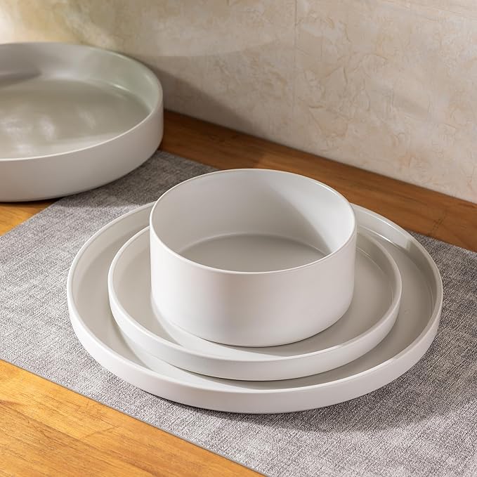 GBHOME Ceramic Dinnerware Sets for 8, Stoneware Plates and Bowls Sets, Chip and Scratch Resistant Dishes, Dishwasher & Microwave& Oven Safe Dishes sets, Reactive Glaze-White