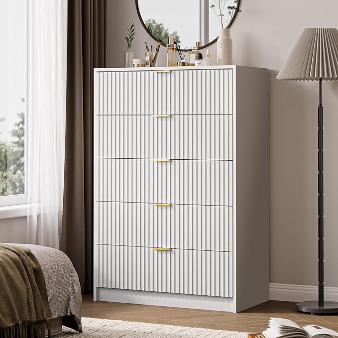 5 Drawer Dresser for Bedroom, Tall Dresser Chest of Drawers with Gold Handles, 32 Inch Wide Nightstand with for Bedroom, Living Rooms, Offices, and Entryways, White