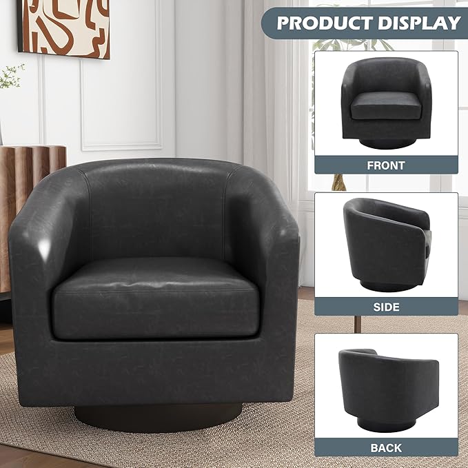 UIXE Faux Leather Swivel Accent Chair, Upholstered Barrel Chairs for Living Room, Small Club Chair Modern Single Sofa Bedroom Reading Seat - Black, Set of 4