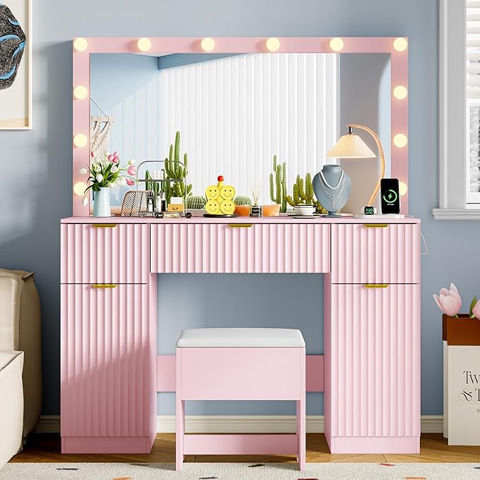 Vanity Desk with Large 42" Mirror and Lights, Pink Fluted Makeup Table Set with Storage Drawers, Power Outlet & Stool, 3 Lighting Modes & Adjustable Brightness, Dressing Table for Women Girls Bedroom
