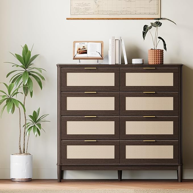 LINSY HOME Rattan Dresser for Bedroom with 8 Drawers, 54" Wide Chest of Drawers, Mid Century Modern Dresser TV Stand with Metal Handle, Wood Closet Storage Cabinet for Living Room, Hallway, Walnut