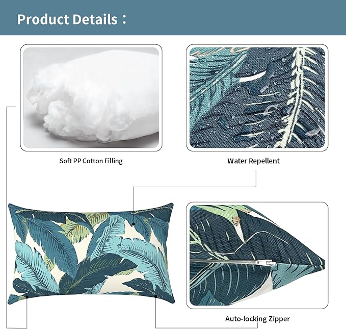 Outdoor Lumbar Pillows 12x20 inch, Rectangle Throw Pillows with Inserts, Decorative Lumbar Cushions for Patio Furniture Garden Couch Home Sofa Office Chair, Pack of 2, Swaying Palms Blue