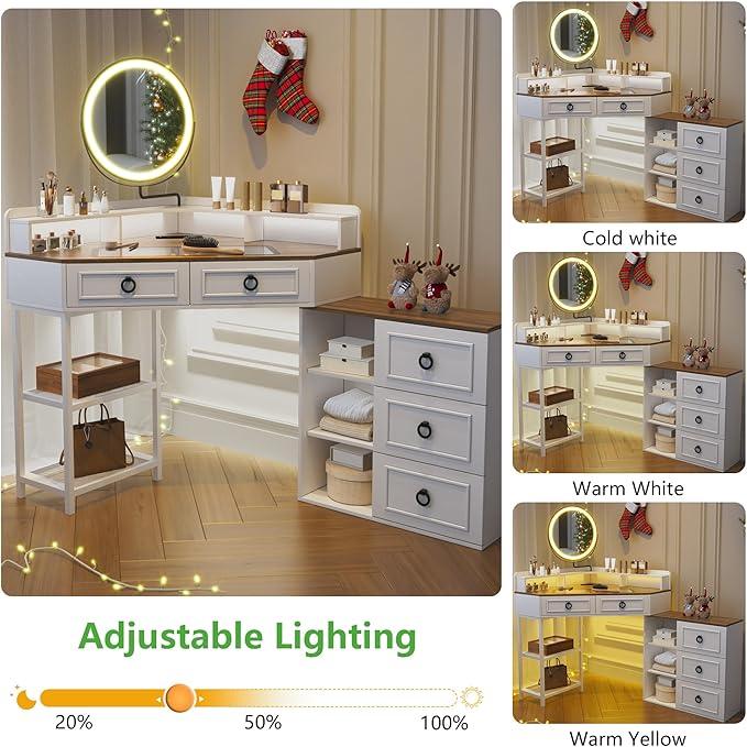 Corner Vanity Desk with Lighted Rotating Mirror and Lights, Glass Top Makeup Vanity with Corner Shelf&5 Drawers, Girls Vanitys with Charging Station,Jewelry Organizers for Bedroom,White