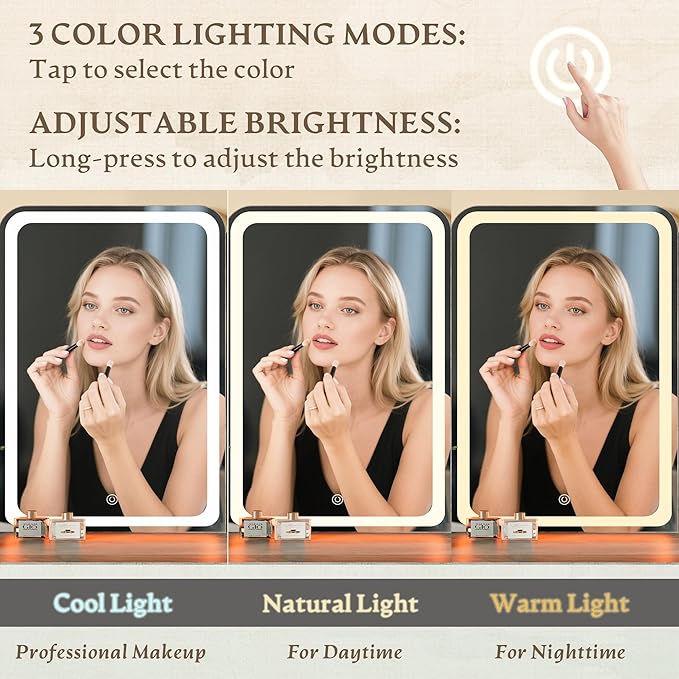 Gray Makeup Vanity Desk with Mirror and Lights, Wood Vanity Table Set with Power Outlet, Dressing Table with 2 Drawer & 4 Storage Shelves, Adjustable RGB Lighting, Includes Chair for Girl’s Bedroom