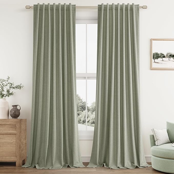 Sage Green Linen Blackout Curtains 96 Inch Length 2 Panels Set for Living Room Bedroom Back Tab Thermal Insulated 100% Black Out Linen Drapes Room Darkening Window Curtains 96 Inches Long