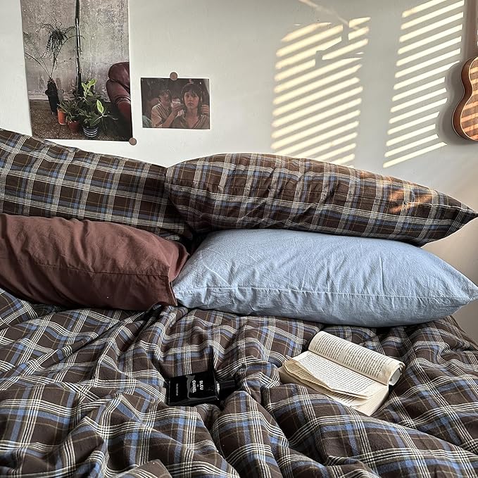 mixinni Vintage Blue & Brown Buffalo Plaid Comforter Set Twin XL Size - 3-Piece Washed Cotton Soft Geometric Checkered Pattern Bedding Set for All-Seasons Lightweight & Breathable-Twin XL Size