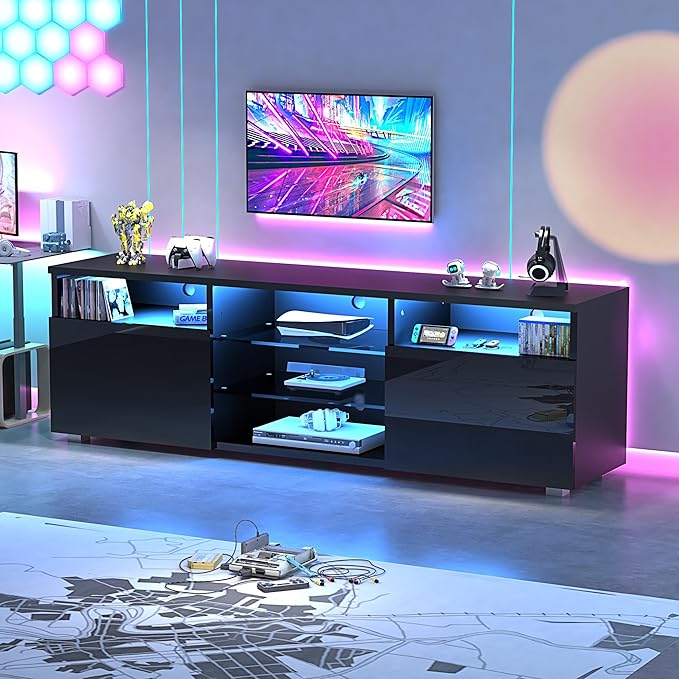 St.Mandyu LED TV Stand for 75/80 inch TV, Modern Television Table Center Media Console with Drawer and Led Lights, High Glossy Entertainment Center for Living Game Room Bedroom(Black)