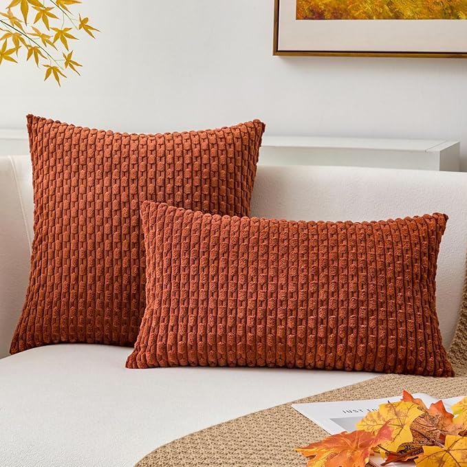 Kevin Textile Fall Throw Pillow Covers Soft Corduroy Decorative Set of 2 Boho Striped Pillow Covers Pillowcases Farmhouse Home Decor for Couch Bed Sofa Living Room 22x22 Inch Rust Brown