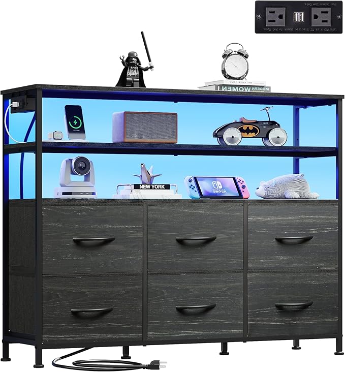 WLIVE Black TV Stand for 40, 45 inch TV, Entertainment Center with LED Lights & Charging Station, TV Media Console Table with 6 Fabric Drawers and Open Shelves for Living Room, Hallway, Wood Top