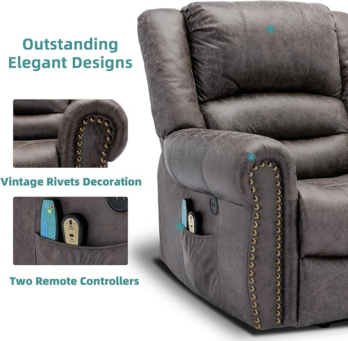 MEETWARM Large Power Lift Electric Recliner Chair with Massage and Heat, Overstuffed Wide Recliner for Elderly, Heavy Duty Recliner for Living Room with 2 Remote Controls/USB Ports/Side Pockets(Gray)