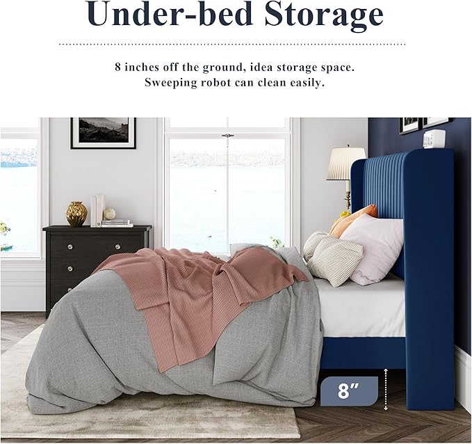 Allewie Full Size Velvet Bed Frame/Vertical Channel Tufted Wingback Headboard/Upholstered Platform Bed/Strong Wooden Slats/No Box Spring Needed/Easy Assembly/Blue