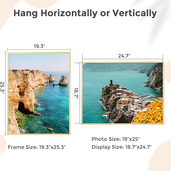 19x25 Metal Picture Frame - Gold Aluminum Picture Frames with Real Glass, Wall Mounting Horizontally or Vertically, Diploma, Certificates and Decor for Wall Gallery 25x19 Frame, Gold