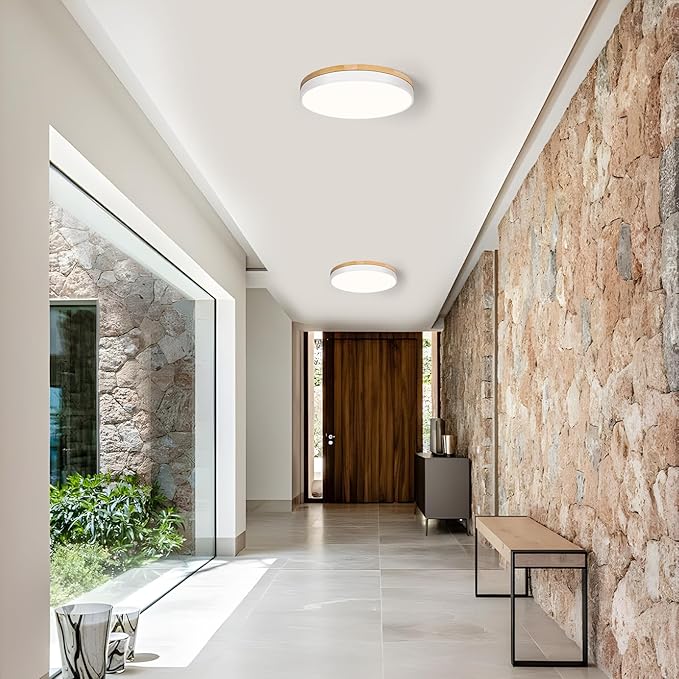 Modern Wood Ceiling Light,Round LED Flush Mount Ceiling Light,Minimalist Ceiling Lamp White Ceiling Lighting Fixtures for Kitchen Bedroom Bathroom Laundry Room Living Room Hallway&11.81 in