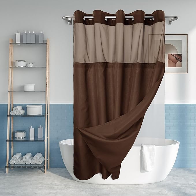 No Hook Slub Textured Shower Curtain with Snap-in PEVA Liner Set - 71" x 74"(72"), Hotel Style with See Through Top Window, Machine Washable & Water Repellent, Chocolate Brown, 71x74