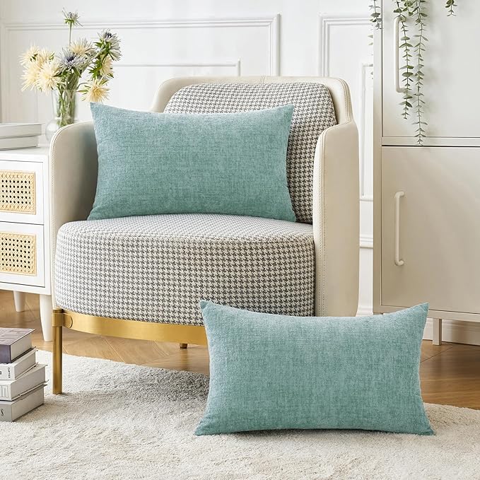 MIULEE Pack of 2 Couch Throw Pillow Covers 12x20 Inch Soft Aqua Green Chenille Pillow Covers for Sofa Living Room Solid Dyed Pillow Cases