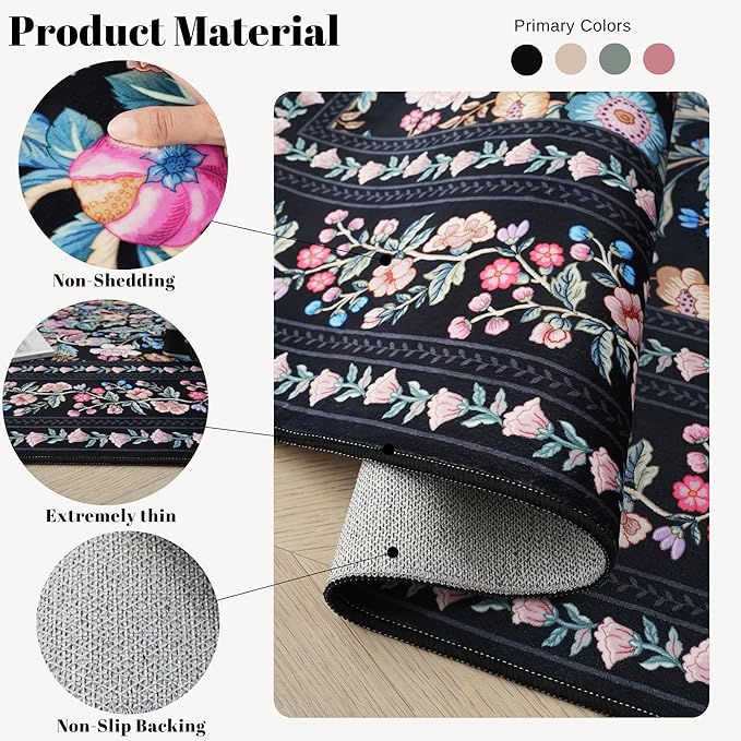 Round Rug 4ft Washable Circle Rug Non Slip Low Pile Vintage Floral Small Circular Rug for Bedroom, Bathroom, Entryway, Kids Room, Office, Black