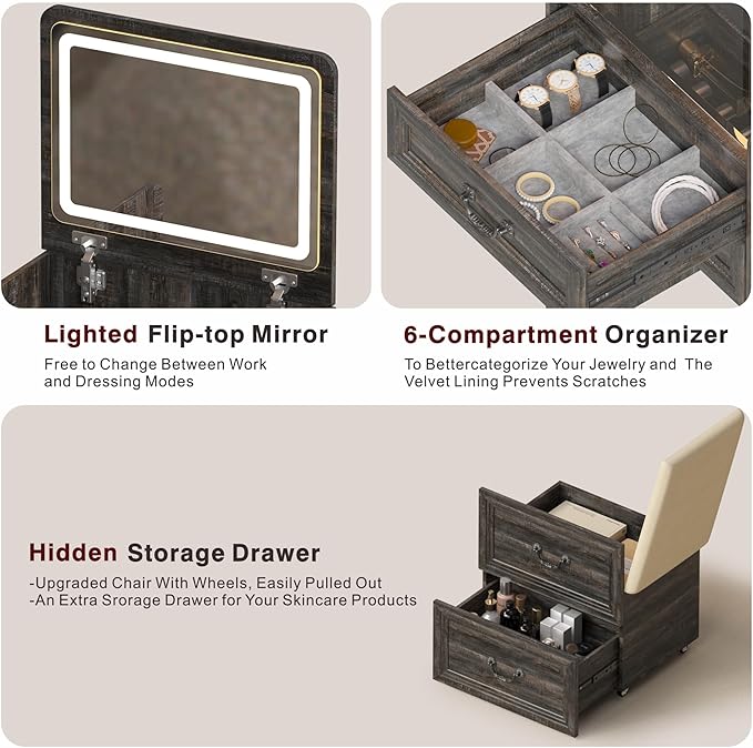 Lvifur 3 in 1 Vanity Desk with Flip Top Mirror and 3 Color Lights,Small Compact Vanity with Charging Station,Glass Top Makeup Vanity with 3 Drawers,Rolling Cushioned Stool