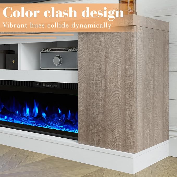 75” Fireplace TV Stand with 60” Electric Fireplace, Chunky Entertainment Center with Wood Grain, Color Clash Entertainment Stand for TVs up to 85”, White&Grey