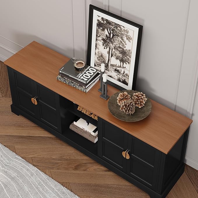 HLR 67” Modern TV Stand for TVs up to 75+ inch, Shaker Style Television Console Table, Entertainment Center with Storage Cabinets, Wood Media Furniture for Living Room, Bedroom, Black