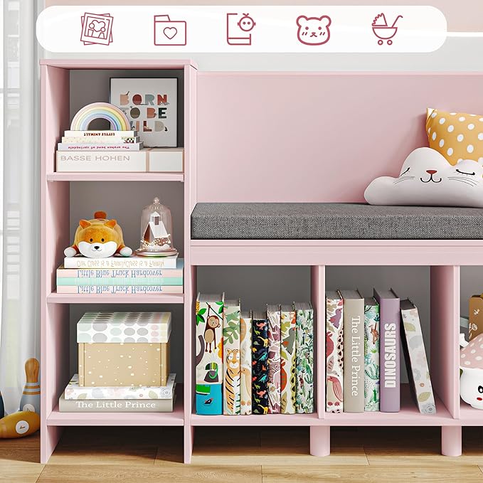 HOSTACK 67" Kids Reading Nook with Bench, Kids Bookshelf and Bookcase with Seat Cushion and 6 Storage Cubbies, Toy Storage Box on Wheels, Toy Chest for Playroom, Bedroom, School, Pink