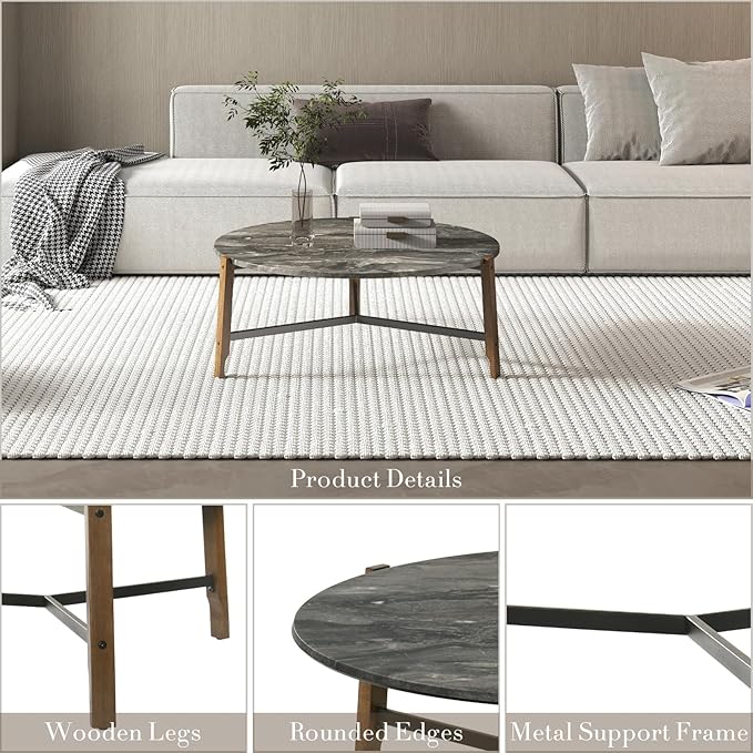 HEAH-YO Round Coffee Table, 36” Wooden Coffee Tables for Living Room, Modern Corner Table for Small Spaces, Black