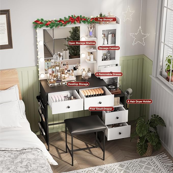 39" W Vanity Desk with Mirror, Makeup Vanity Set with Power Outlet and Comfortable Bench, Big Dressing Table with Lights Mirror and Drawers for Makeup, Modern Vanity for Bedroom Black