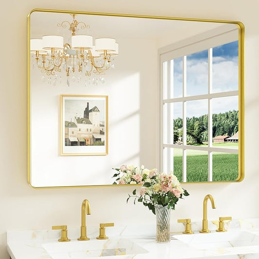 Keonjinn Gold Bathroom Vanity Mirror 48 x 36 Inch Large Rounded Rectangle Vanity Mirror, Brushed Brass Wall Mirror with HD Tempered Glass, Modern Decorative Gold Framed Mirror(Horizontal/Vertical)