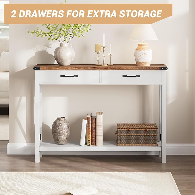 Klaesio 31-inch Side Table Suitable for Entrances, Hallways, and Living Rooms Two-Tier Narrow Sofa Side Table Industrial-Style Entrance Table with Drawers and Open Storage Shelves - White + Brown