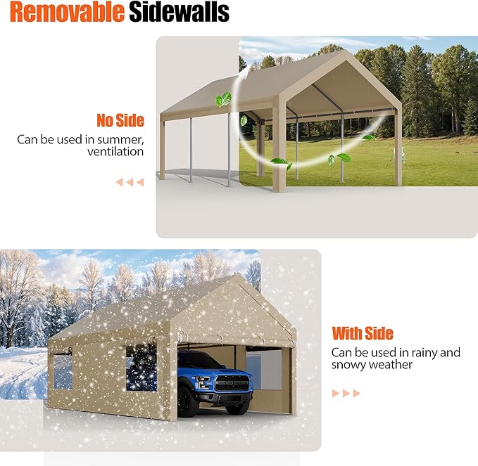 JAMFLY Carport, 10x20 ft Heavy Duty Carport with Roll-up Windows, Portable Garage with Removable Sidewalls & Doors, Car Canopy with Sandbags and All-Season Tarp for Car Boat Truck Motorcycle, Khaki