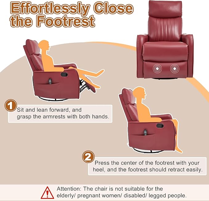 Manual Swivel Rocker Recliner Chair for Adults, Overstuffed Recliner Glider with Massage and Heat, Living Room Reclining Chair, PU Leather Red