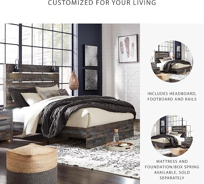 Signature Design by Ashley Drystan Rustic Queen Panel Bed, Sconce LED Lights, USB Ports and Nailheads, Foundation or Box Spring Needed, Dark Brown & Gray