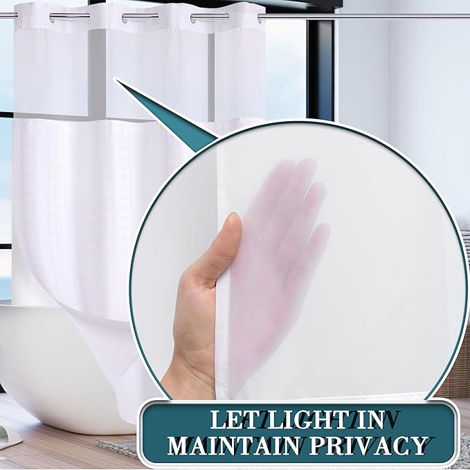 Conbo Mio Stall No Hook Shower Curtain with Snap in Liner Set, Hotel Luxury White Shower Curtains for Bathroom with See Through Top Window, Waterproof, Washable 54W x 74H