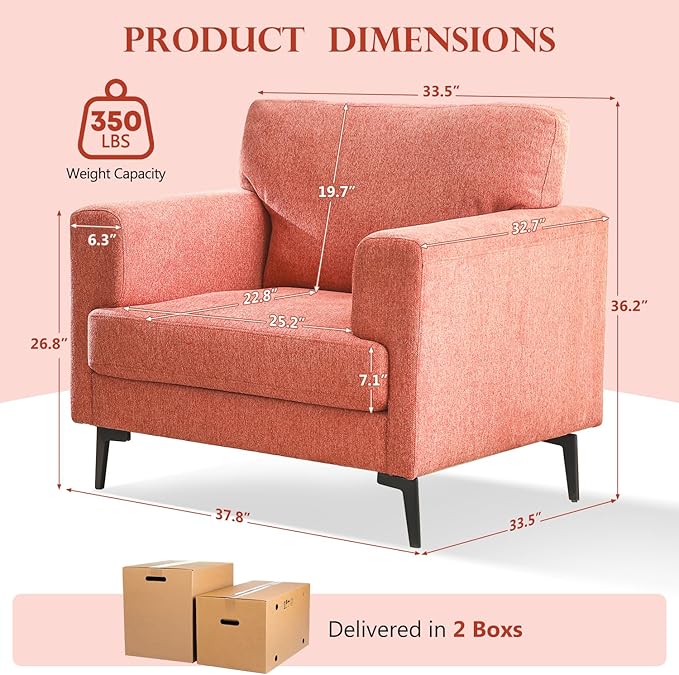 CDCASA Accent Chair, Linen Fabric Oversized Mid Century Modern Chair Set of 2, Comfy Upholstered Armchair Reading Accent Chairs Sofa Chairs for Bedroom Living Room, Coral Pink