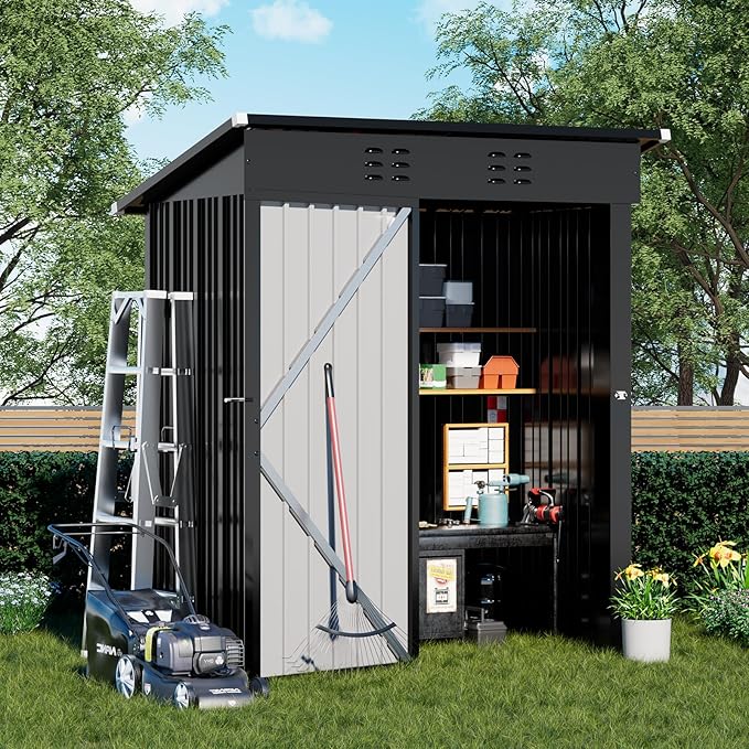 COMHOMA Shed Outdoor Storage Shed Metal,Lockable Doors Tool Sheds with Sloping Roof,Steel Garden Shed with Air Vent for Backyard,Patio,Lawn,Poolside (Grey, 5'*3')