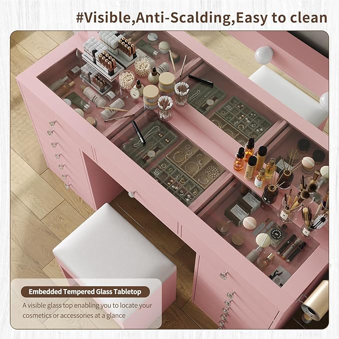 55" W Vanity Desk, Makeup Vanity with Charging Station, 15 Drawers with Lighted Mirror, 3 Lighting Modes, Brightness Adjustable, Glass Top, Vanity Table with Chair for Bedroom, Pink