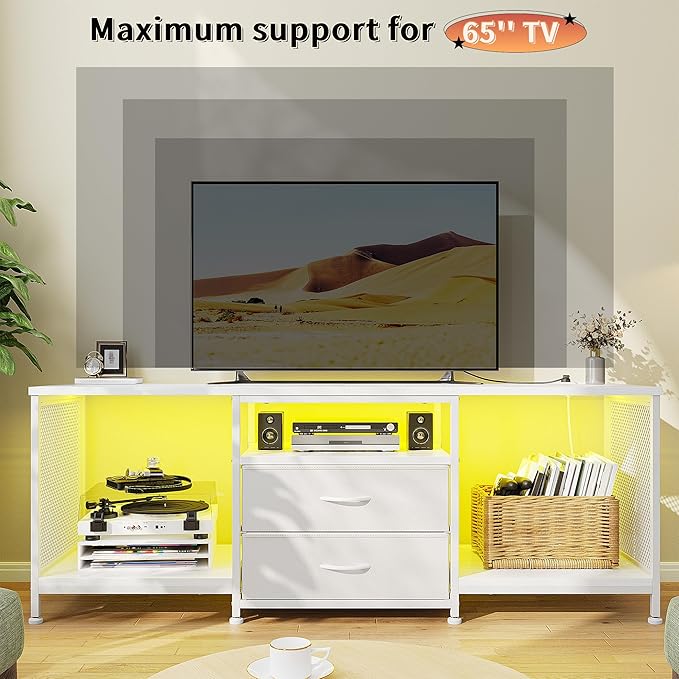 55" W TV Stand for Bedroom with LED Lights & Power Outlets Dresser TV Stand with 2 Drawers for 65" TV with Open Storage Shelves