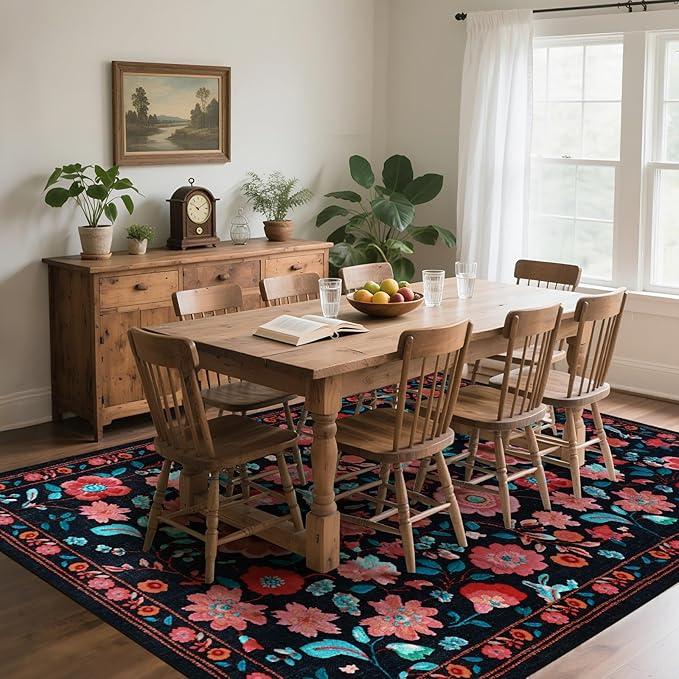 8x10 Area Rug for Living Room Clearance, Modern Washable Rug Non Slip Low Pile Floral Rugs for Living Room, Bedroom, Farmhouse, Dining Room, Kids Playroom, Black