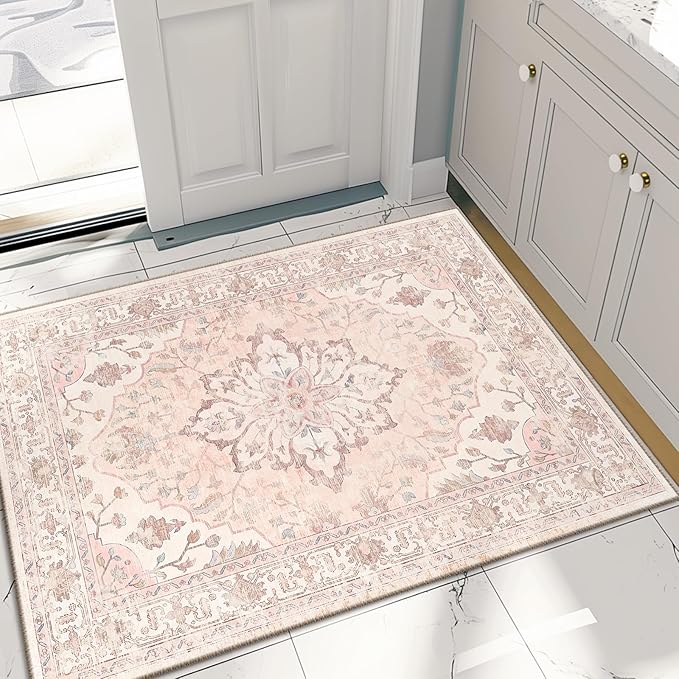Area Rugs 2'x3' Washable Non-Slip, Floral Vintage Distress Print Pattern Medallion Carpet for Living Room Bedroom Dining Room, Pink Greypink Cute