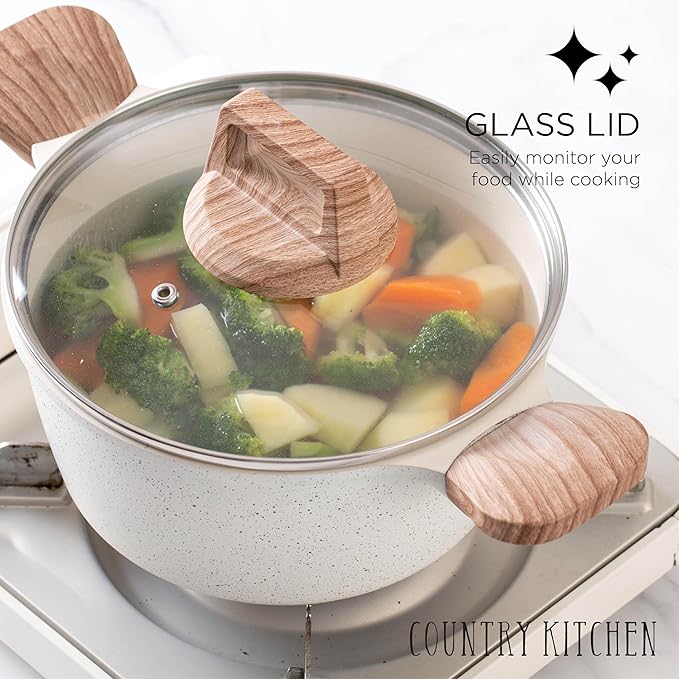 Country Kitchen Pots and Pans Set Nonstick, Cast Aluminum Kitchen Cookware Set with Utensils, 14 Pcs Non Stick Cooking Set w/Frying Pans & Saucepans, Cream