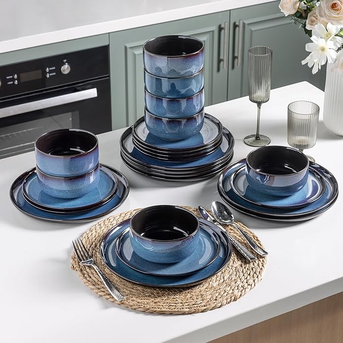 LeRatio Ceramic Dinnerware Sets for 4,Porcelain Plates and Bowls Sets,Handmade Reactive Glaze Dishes Set,Chip Resistant and Scratch Resistant | Oven&Dishwasher & Microwave Safe,Service for 4-Blue