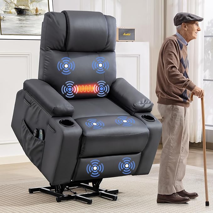Power Lift Recliner Chair for Elderly with Massage & Heat, 160° Adjustable PU Leather Electric Recliner with Remote, Cup Holders, Side Pockets, and Stand Assist for Living Room, Bedroom (Gray)