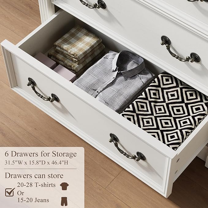 Yaamizz Farmhouse Dresser for Bedroom, 47" Tall 6 Drawer Dresser Storage with Wood Pilasters and Metal Handles, Vintage Design, Drawer Organizer for Bedroom, Hallway, White