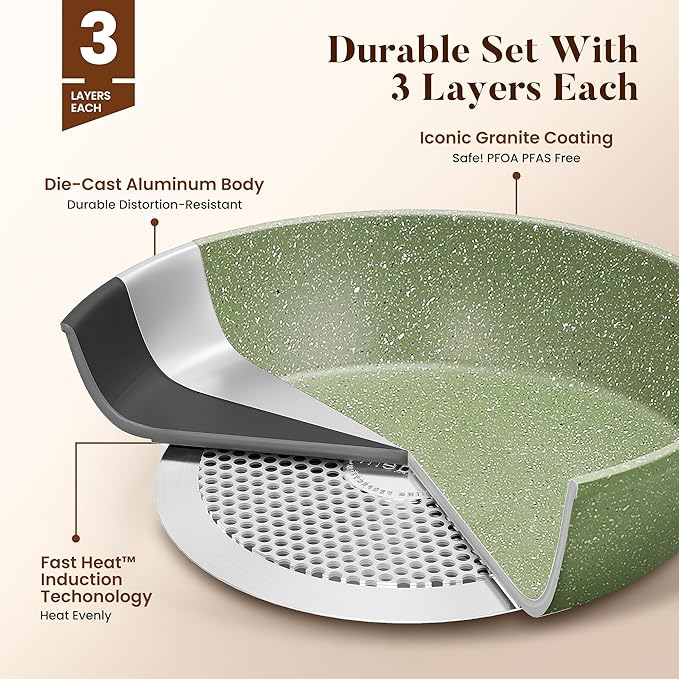 Kitchen Academy 17 Pieces Induction Cookware Set with Griddle, Green Granite Pots and Pans Set Non Stick, Healthy Nonstick Cooking Pans Set